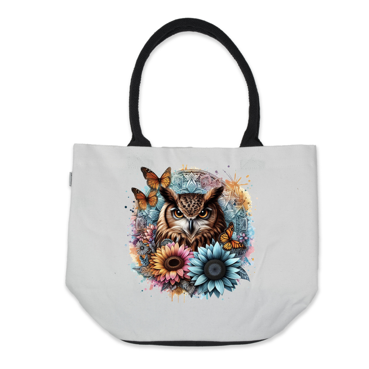 Graphic Tote Bag-Brown Owl With Large Sunflowers