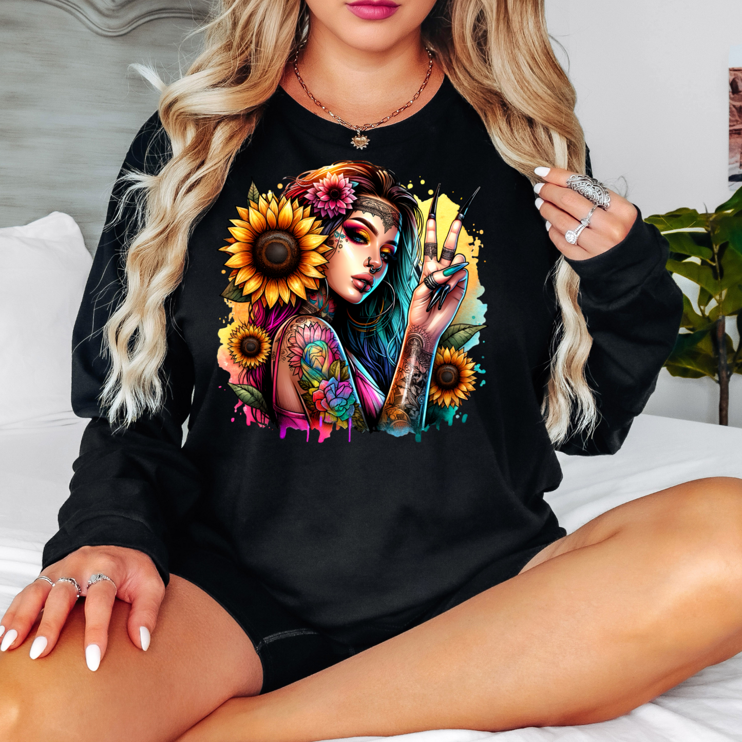 Long Sleeve Graphic T-Shirt-Boho Lady With Large Sunflower