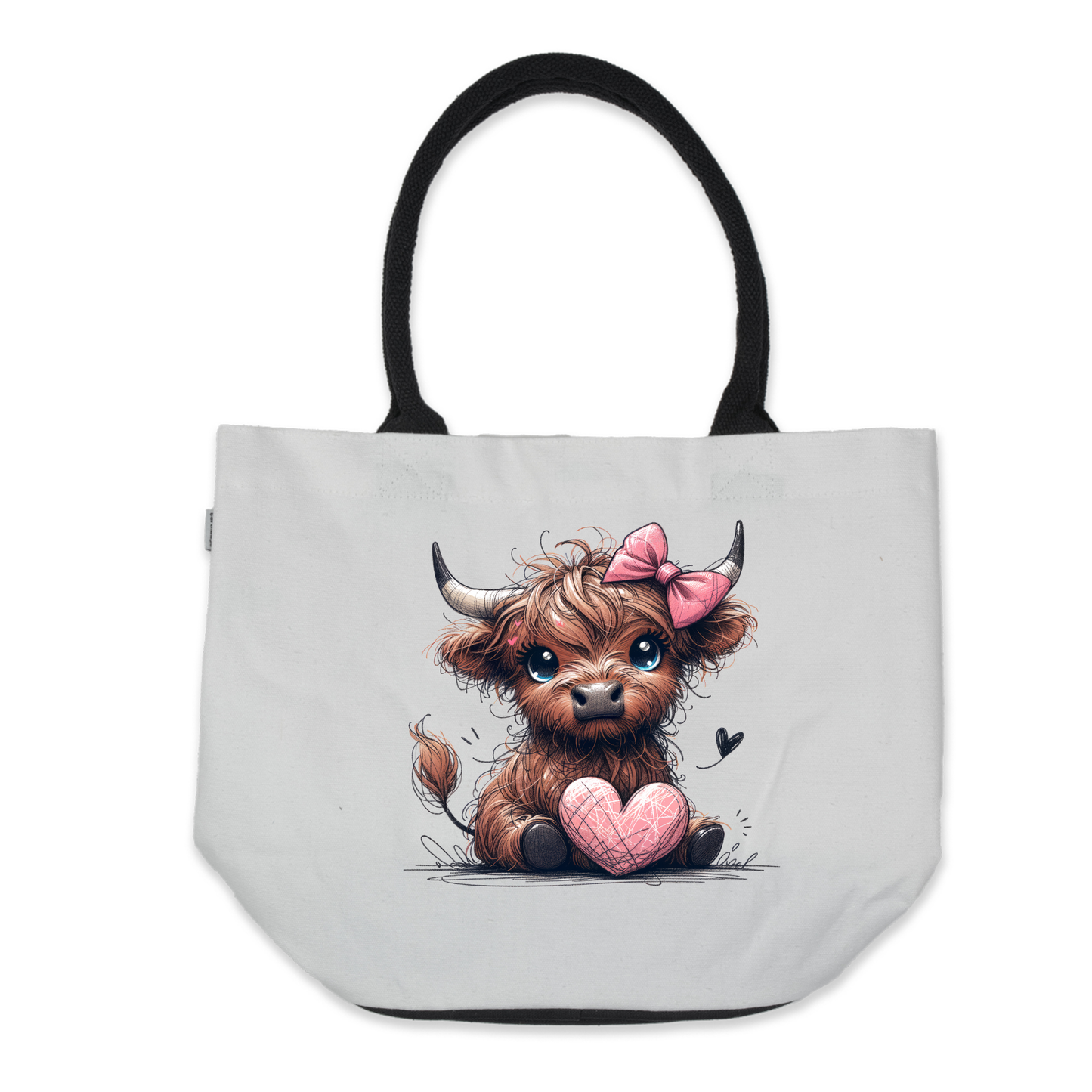 Graphic Tote Bag-Highland Cow Holding Pink Heart