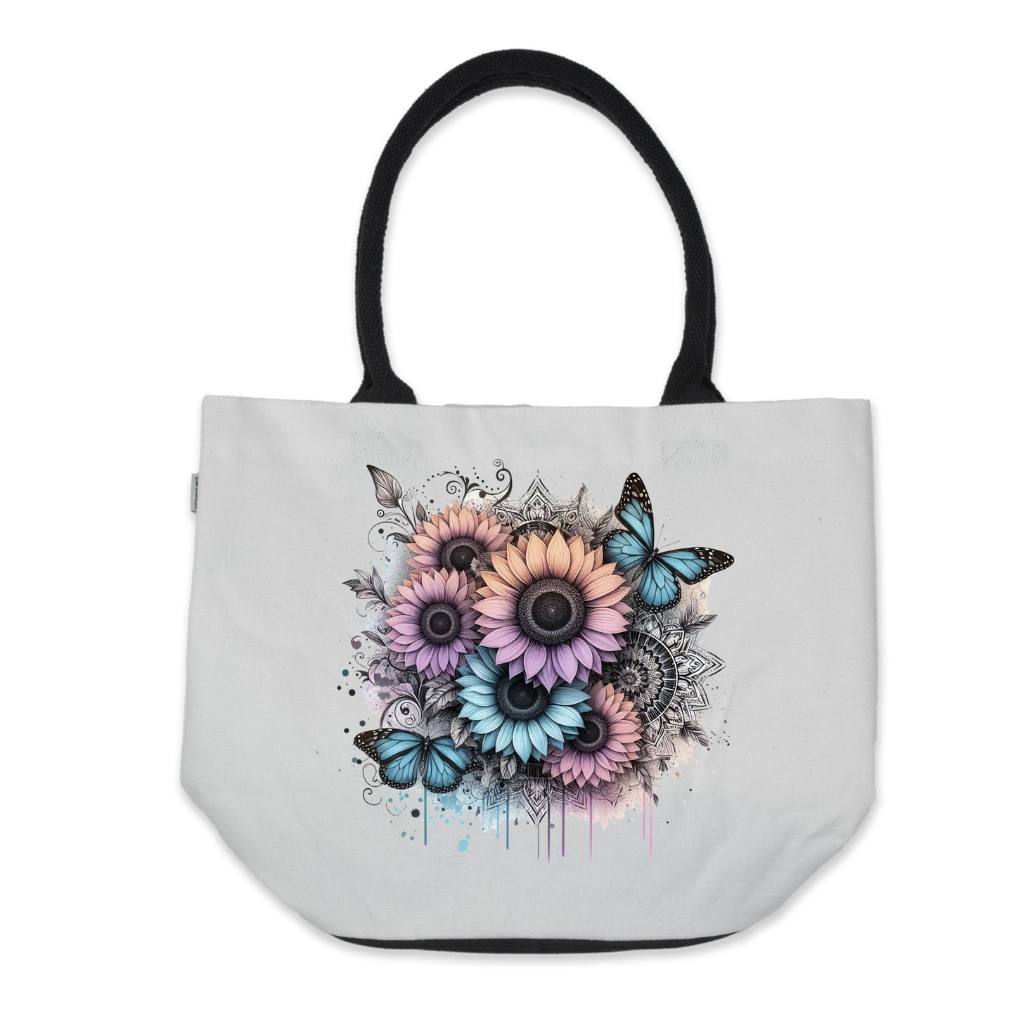 Graphic Tote Bag- Teal Butterflies with Pastel Sunflowers