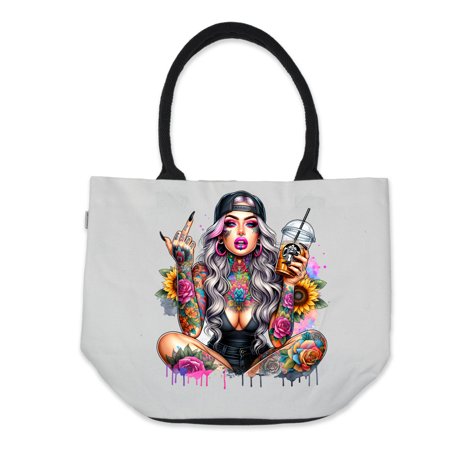 Graphic Tote Bag- Tattoo Boho Holding Starbucks