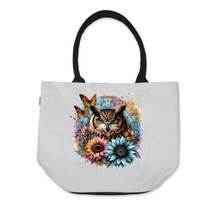 Graphic Tote Bag-Brown Owl With Large Sunflowers
