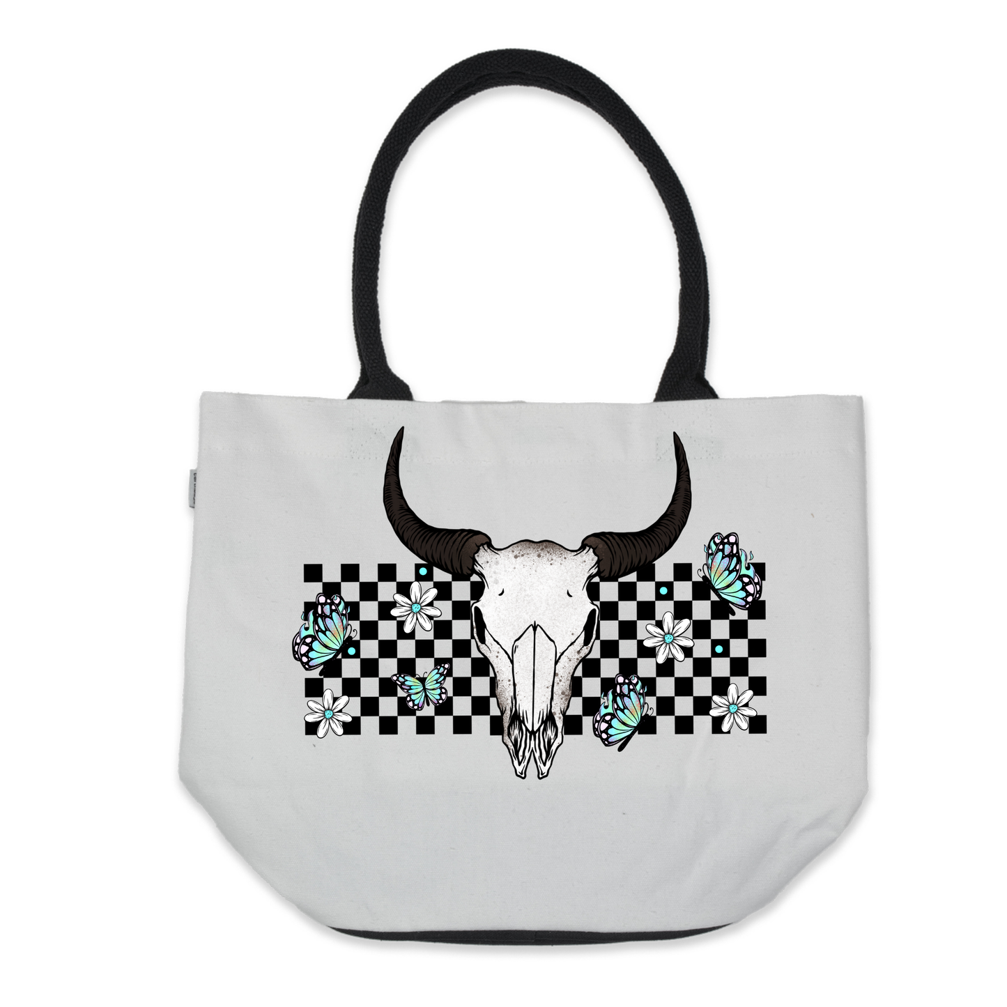 Graphic Tote Bag- Bull Skull with Teal Butterflies