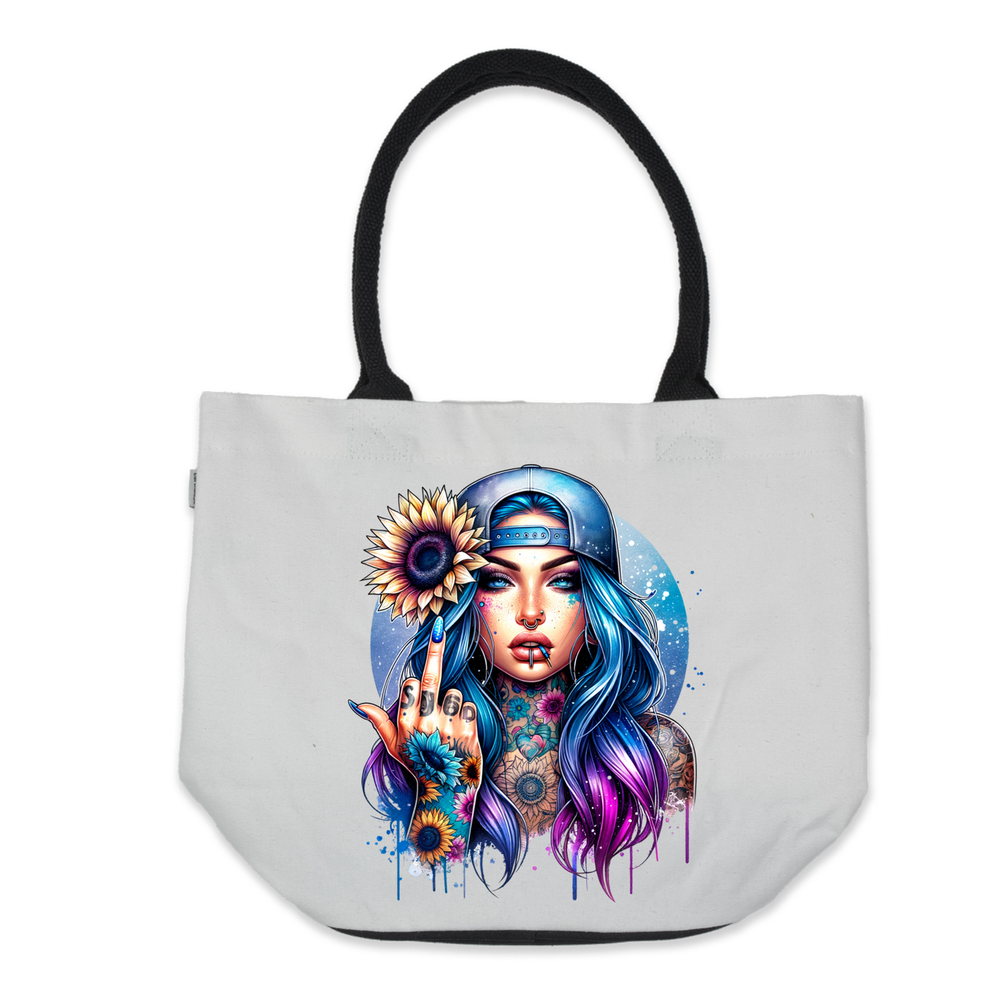 Graphic Tote Bag- Blue Boho Tattoo Pulling Finger