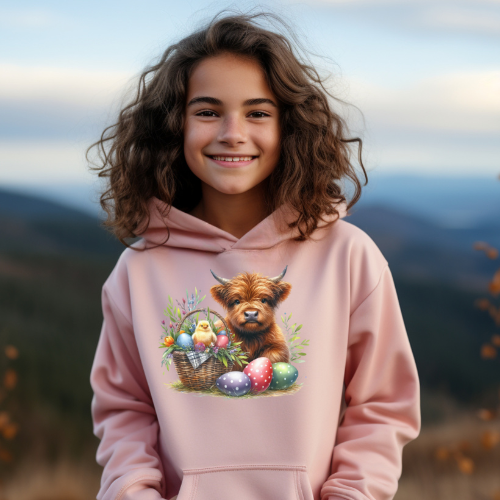 Easter Highland Cow With Eggs- Kids Hoodie
