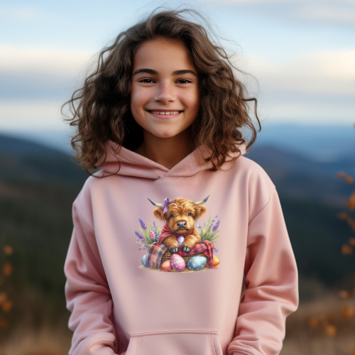 Easter Highland Cow With Bow- Kids Hoodie